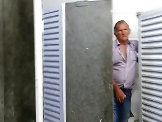Shy hairy grandpa gives a hand in restroom
